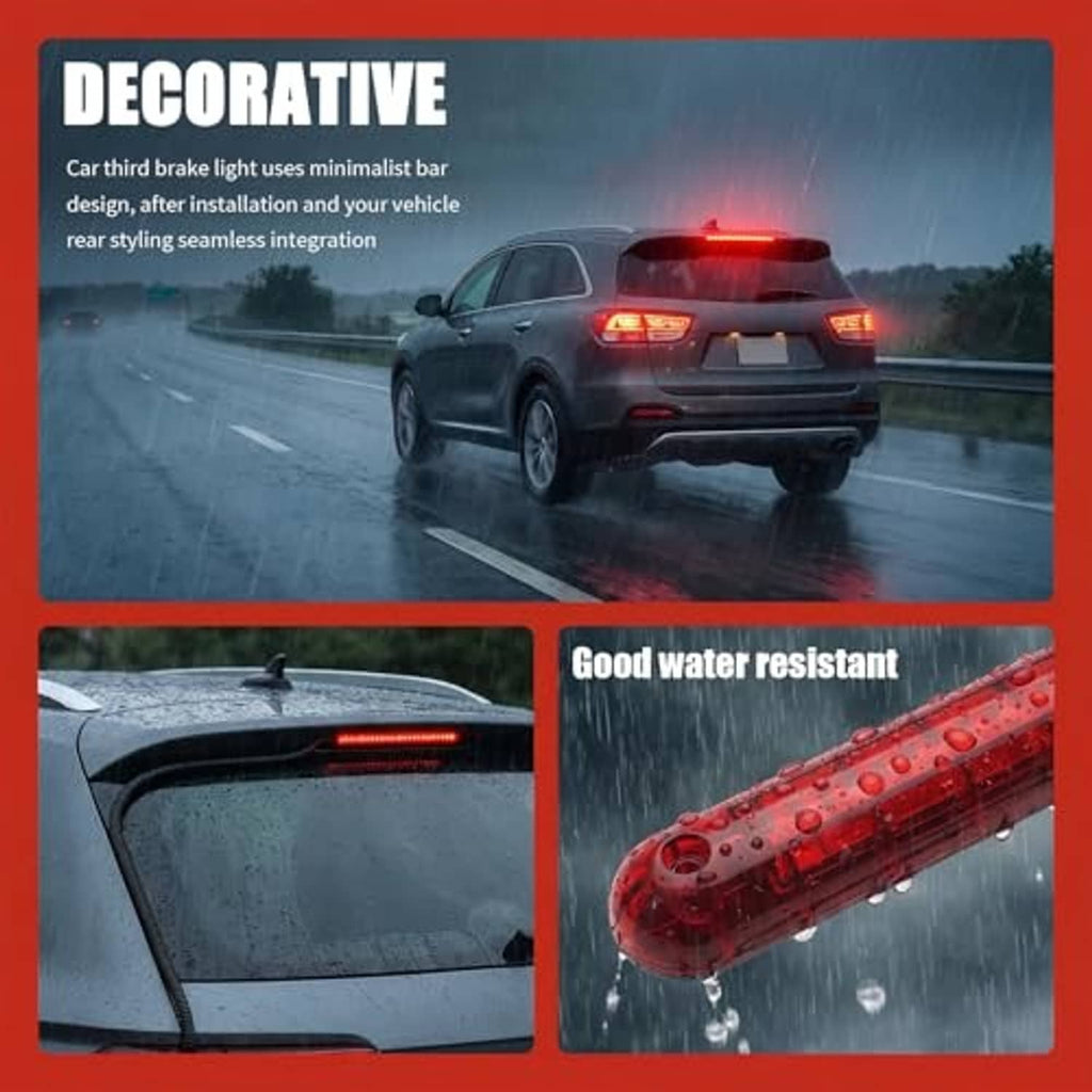 Glowing red LED third brake light bar mounted on vehicle rear