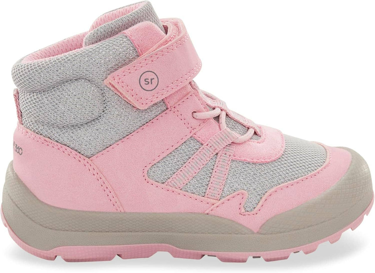 Kids' high-top sneakers with gray upper, pink toe and side panels, hook strap