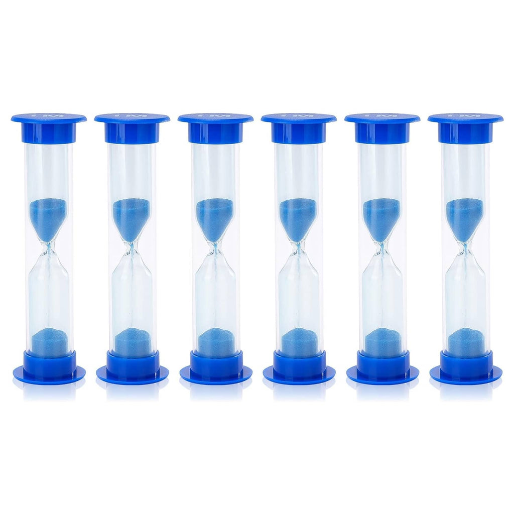 Set of six plastic sand timers with blue caps and blue sand hourglasses