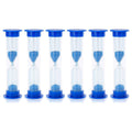 Set of six plastic sand timers with blue caps and blue sand hourglasses