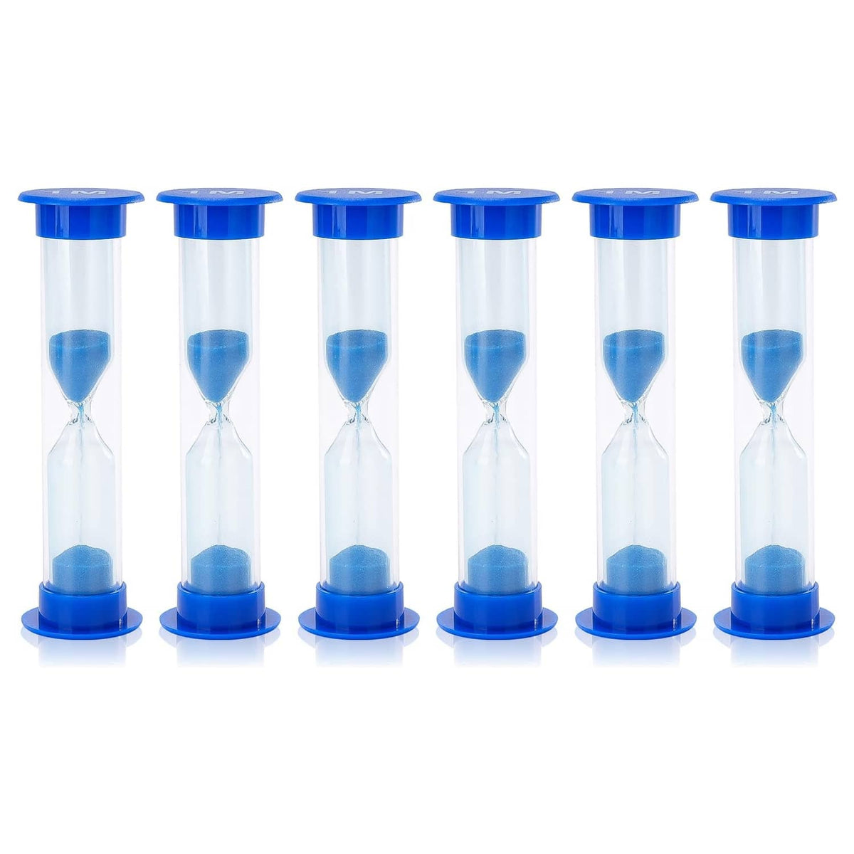 Set of six plastic sand timers with blue caps and blue sand hourglasses