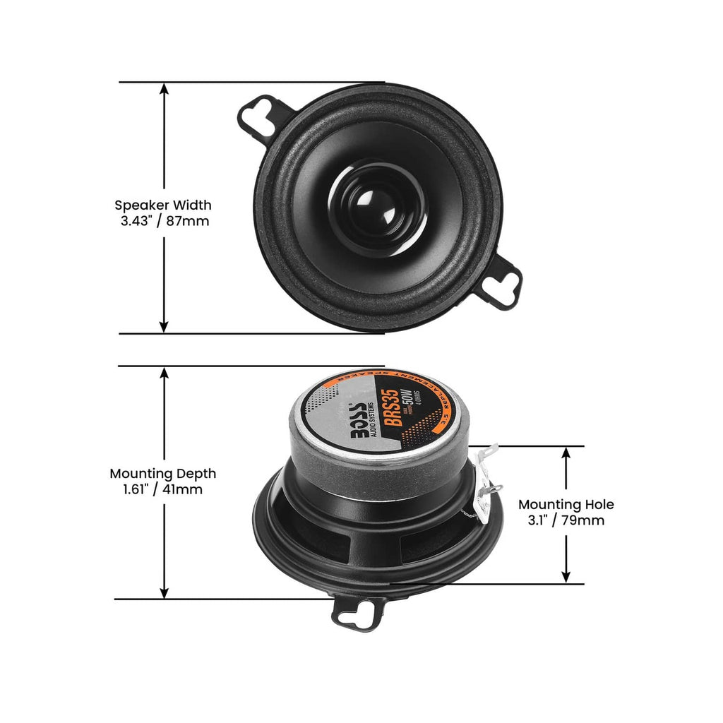 3.5-inch car speaker with dimensions diagram, mounting depth and hole size
