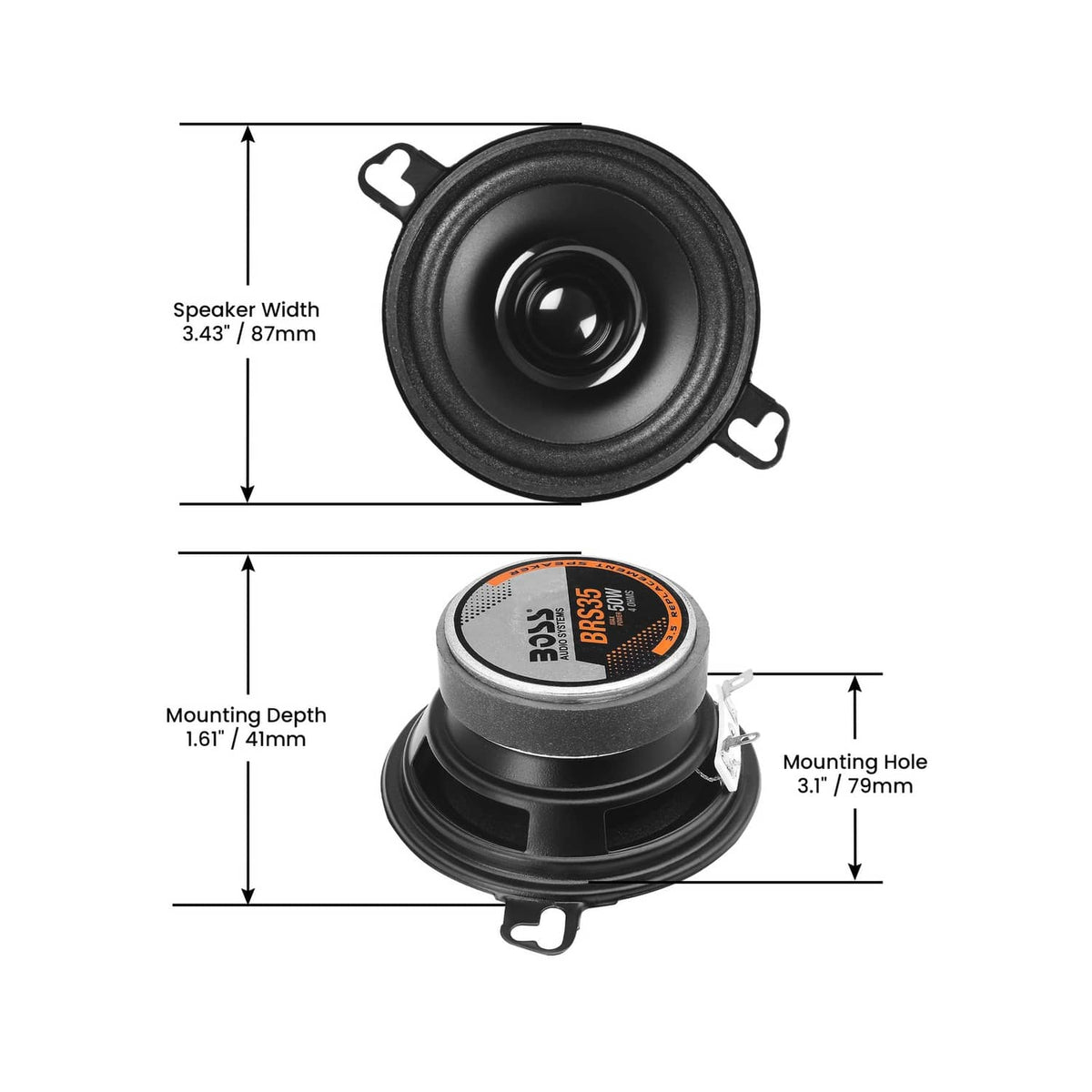 3.5-inch car speaker with dimensions diagram, mounting depth and hole size