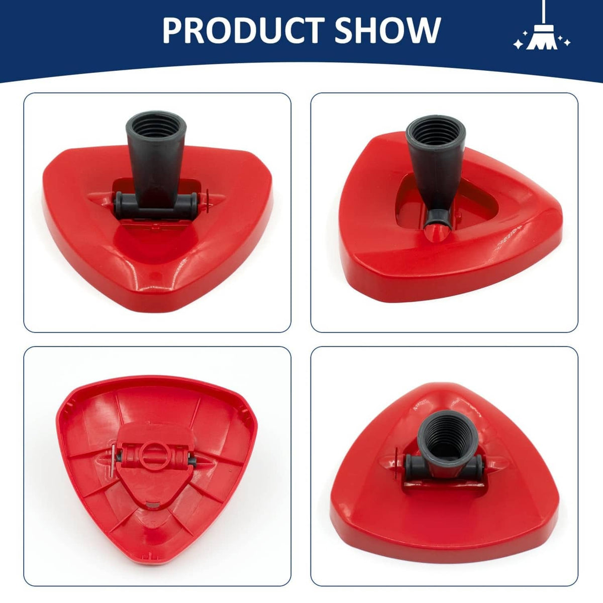 Red plastic mop base replacement shown in multiple angles with black threaded opening