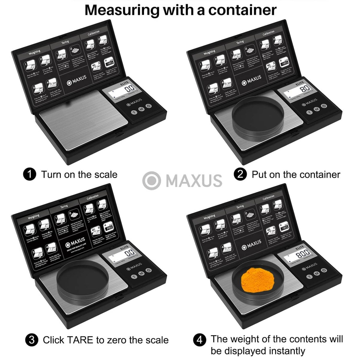 Matte black digital gram scale showing tare and container measuring steps