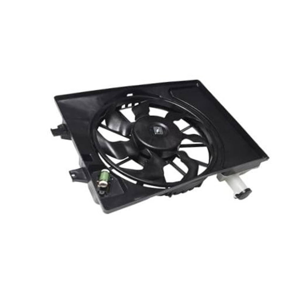 Black radiator cooling fan assembly with motor and mounting frame