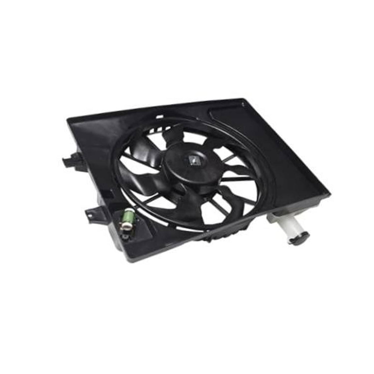 Black radiator cooling fan assembly with motor and mounting frame