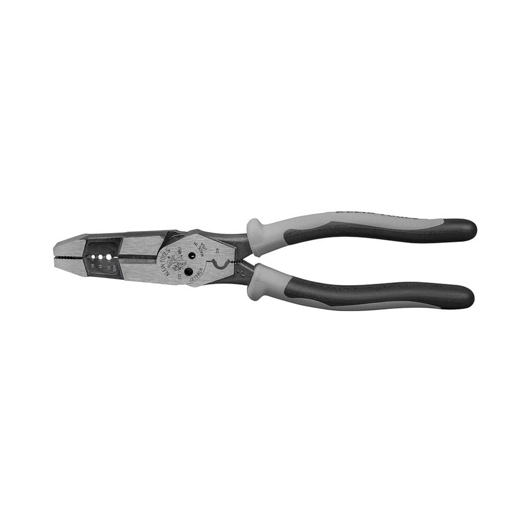 Hybrid 8-inch multitool pliers with gray and black handles and crimping jaw