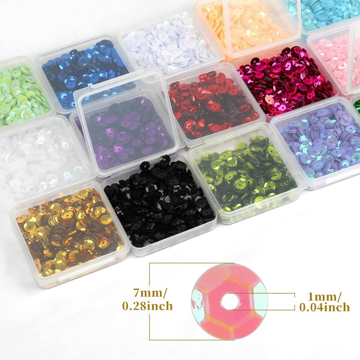 Iridescent round cup sequins in organizer boxes, showing 7mm size and small hole