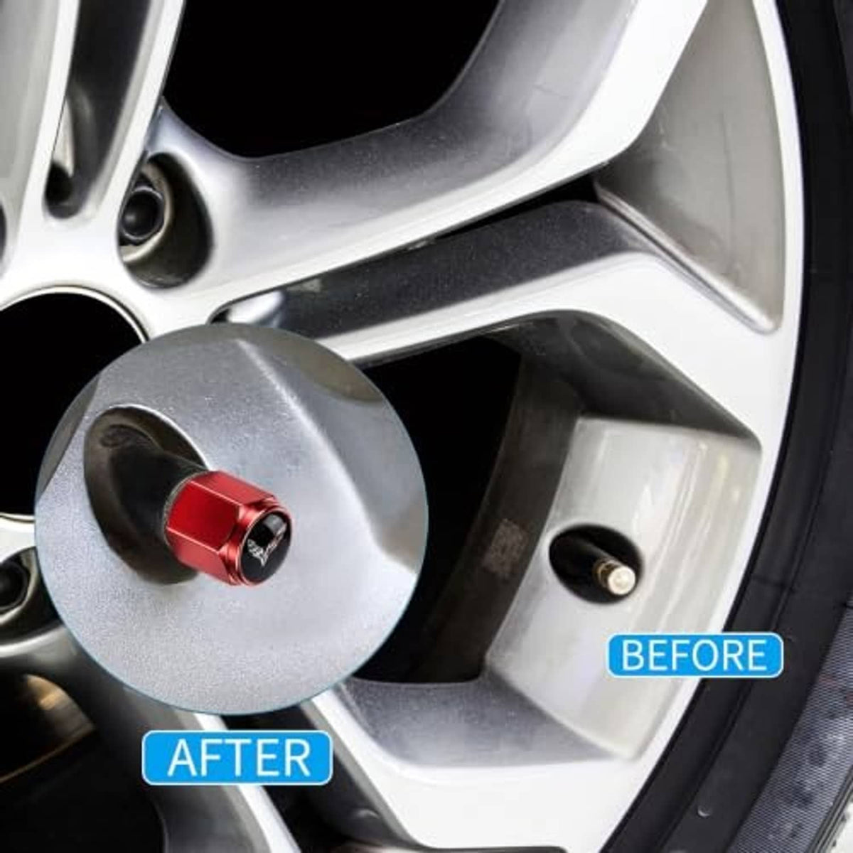 Red metal tire valve stem cap with Corvette emblem on a silver wheel rim
