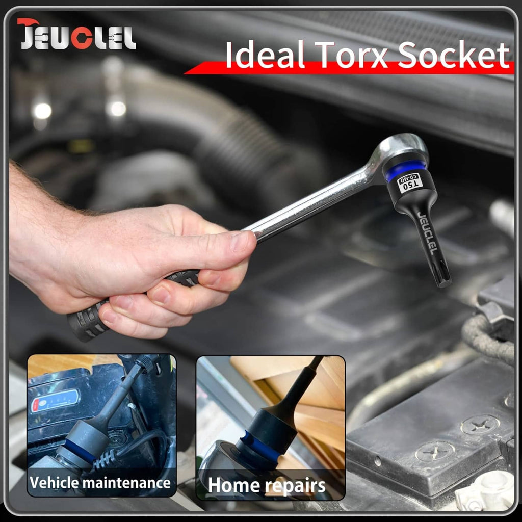 T50 Torx socket held by hand with an extension bar over an engine bay