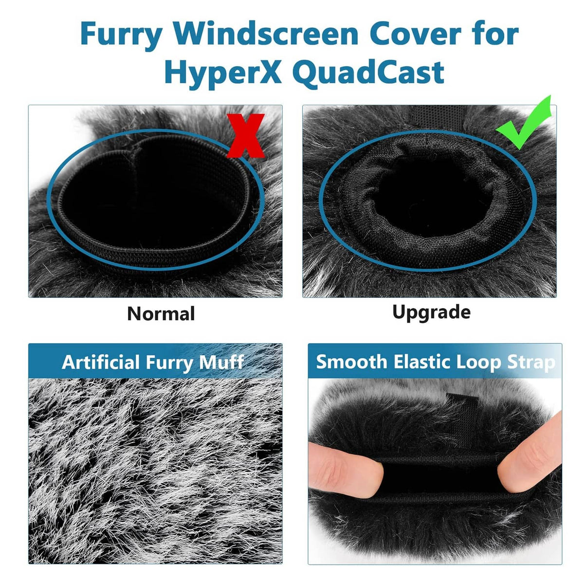 Furry windscreen cover for HyperX QuadCast microphone, black inner knit