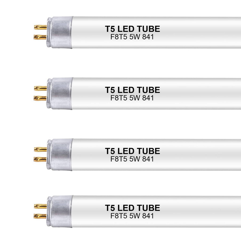 T5 LED tube set with metal end caps and gold pin base, white glass tube