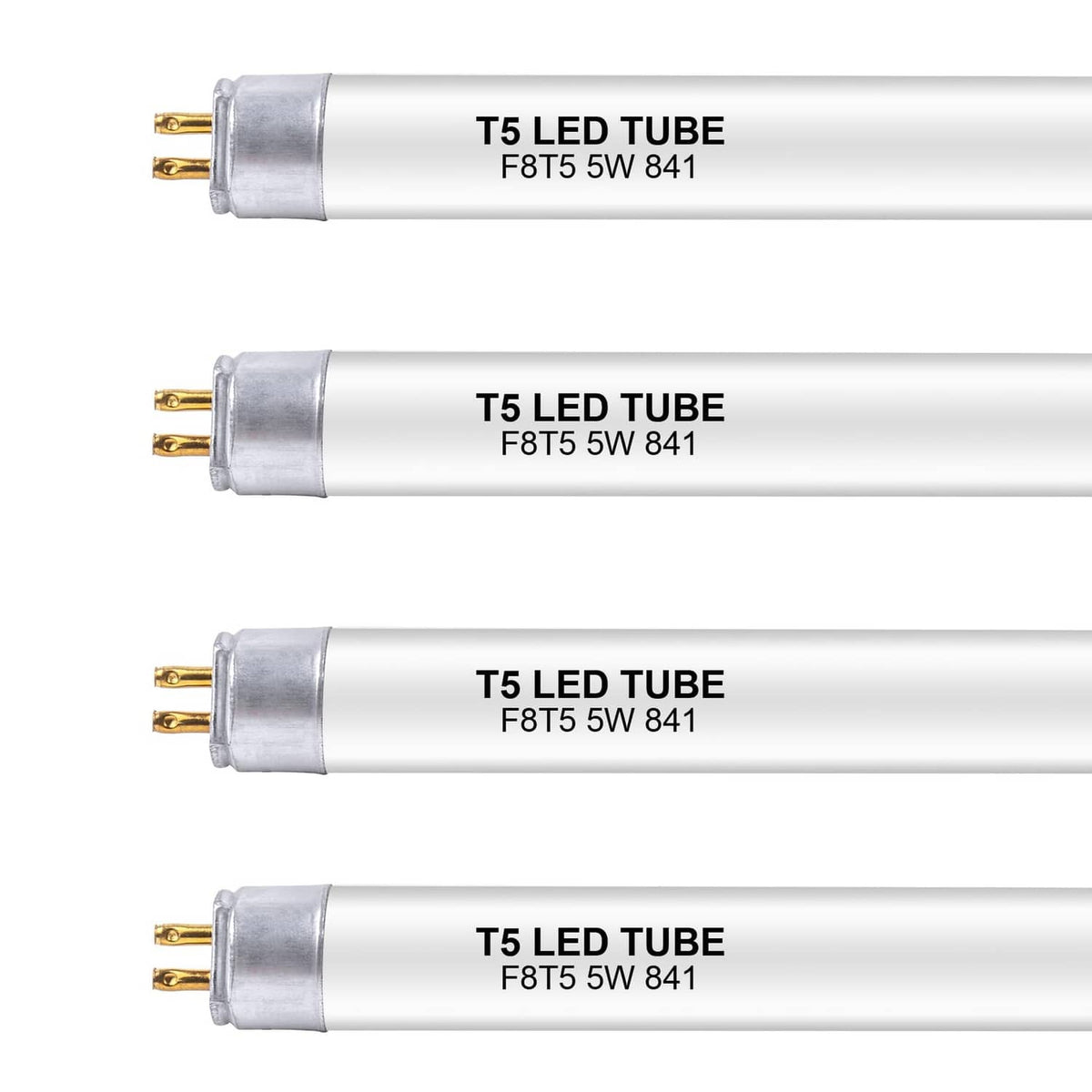 T5 LED tube set with metal end caps and gold pin base, white glass tube