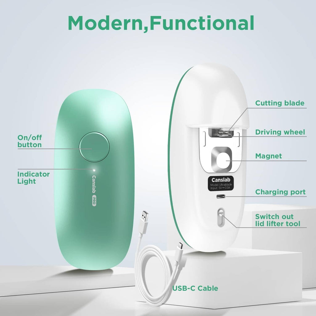 Teal and white rechargeable can opener with on/off button, indicator, and charging port.
