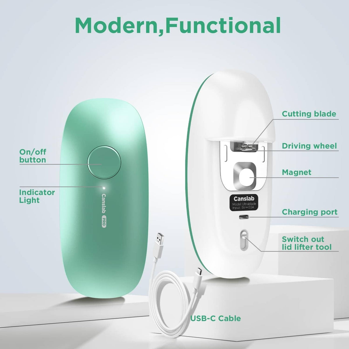 Teal and white rechargeable can opener with on/off button, indicator, and charging port.