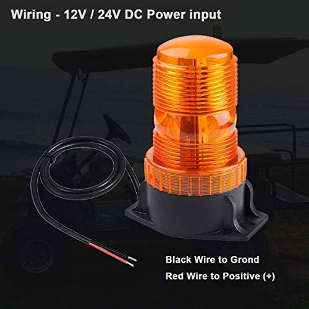 Amber LED strobe light with black base and exposed red/black wiring leads