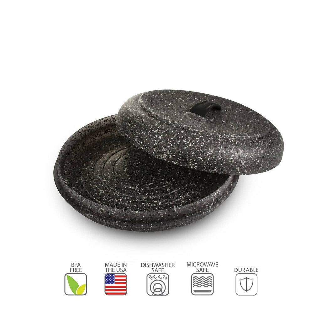 Granite-pattern tortilla warmer set with domed lid and round base, black pull handle