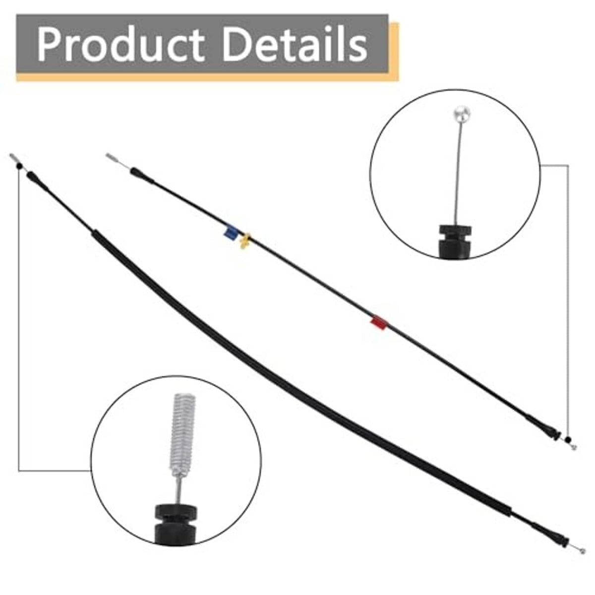 Door latch release cable pair with colored clips; close-up of metal threaded stud