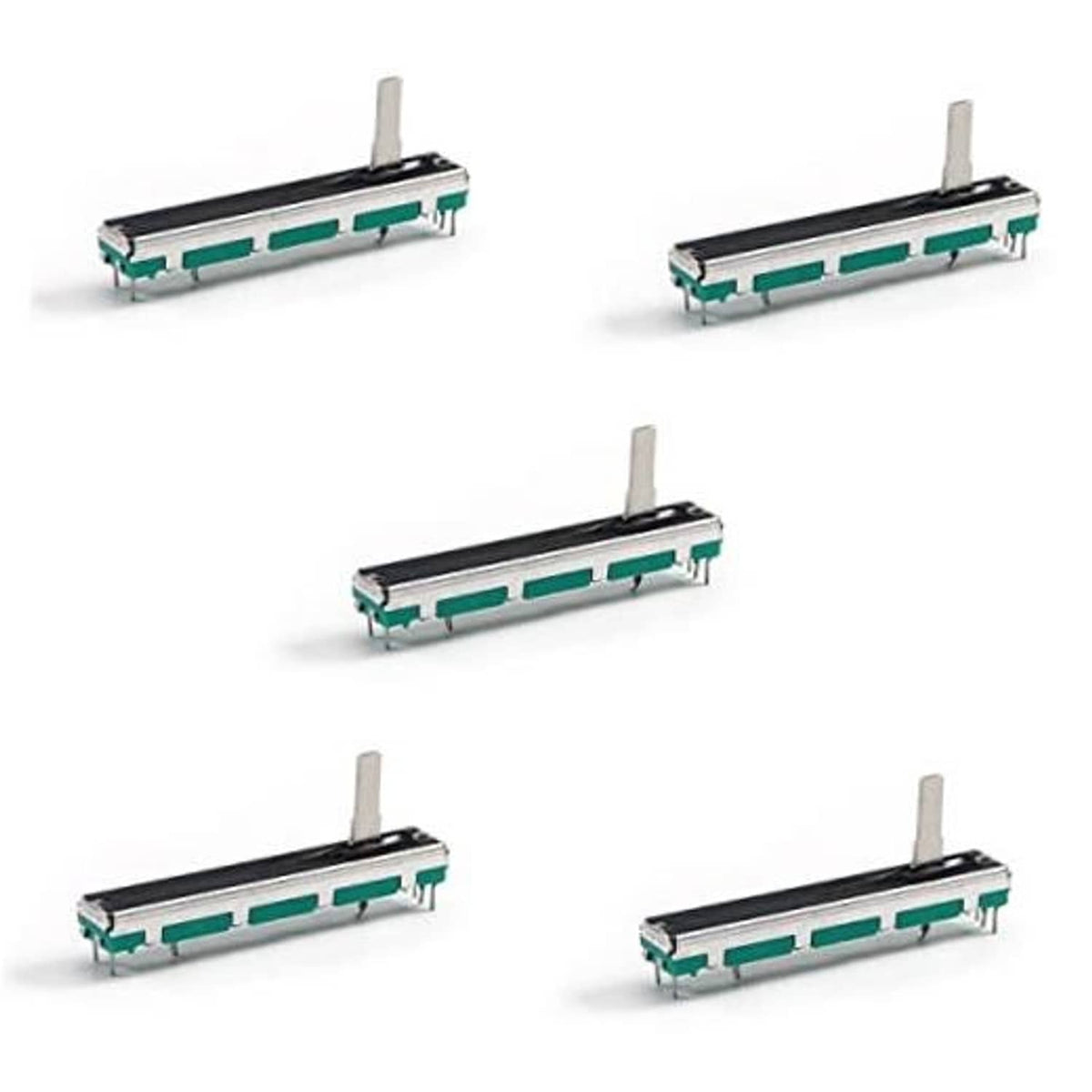 Linear slide potentiometer module, teal PCB with metal slider and pins