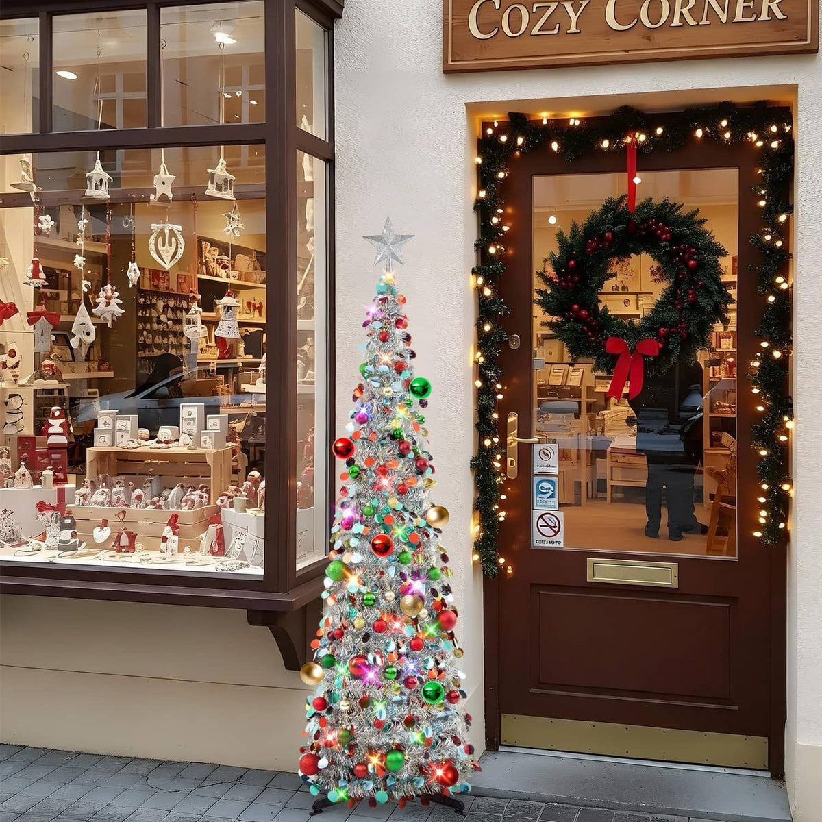 Tall silver tinsel Christmas tree with star topper, multicolor ornaments, and LED string lights