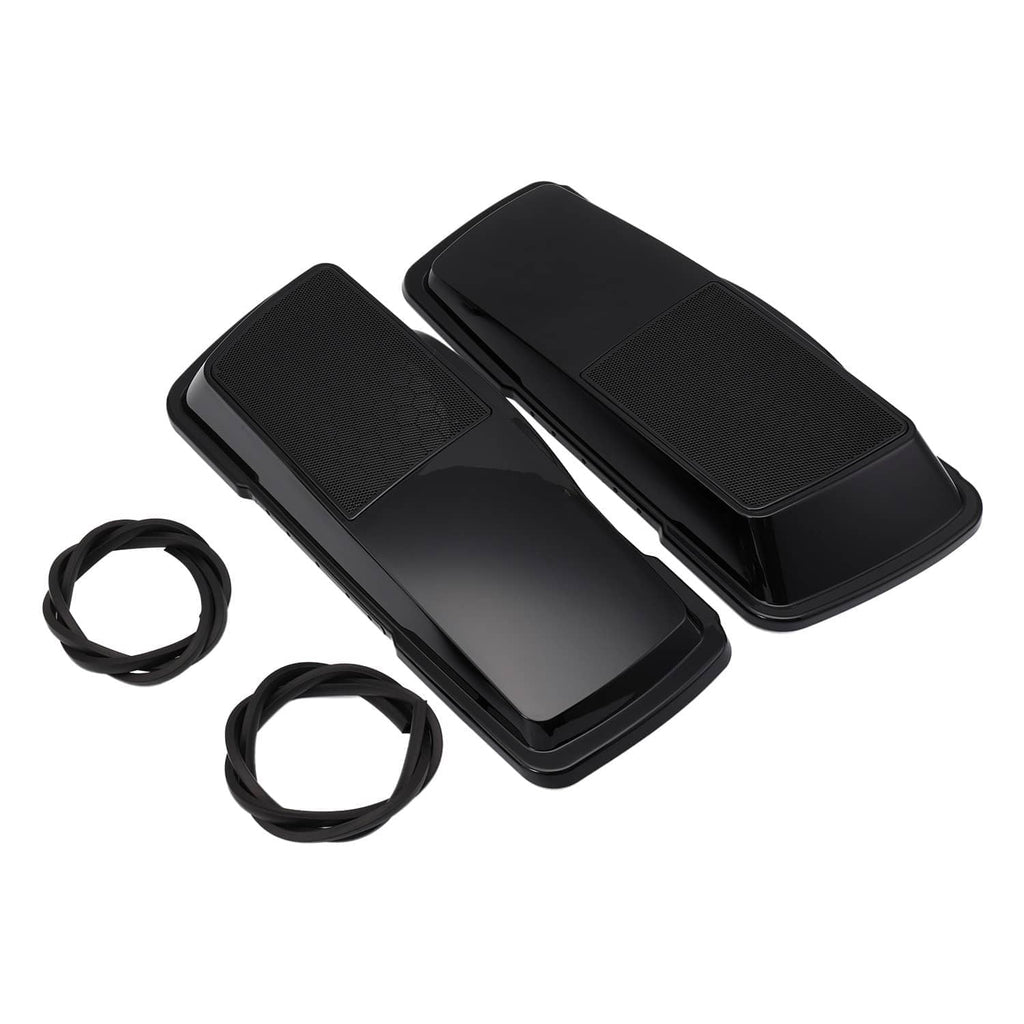 Black hard saddlebag speaker covers with textured grille inserts and cords, pair