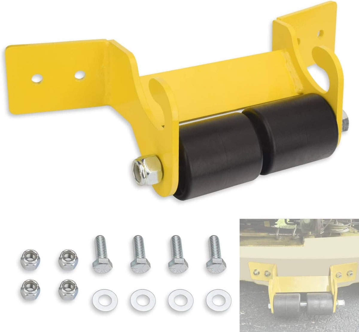 Yellow front hanger bracket repair kit with black roller cylinder and mounting fasteners