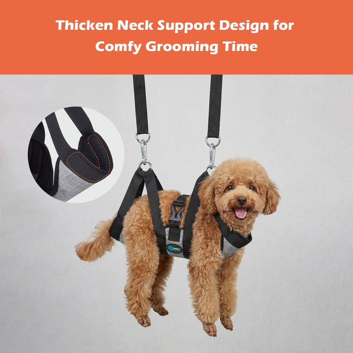 Pet grooming hammock with thick neck support pad and adjustable hanging straps