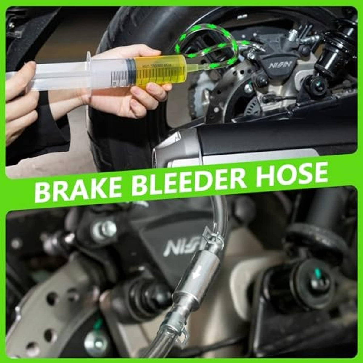 Brake bleeder kit with syringe and clear hose, shown connected to a hydraulic disc.