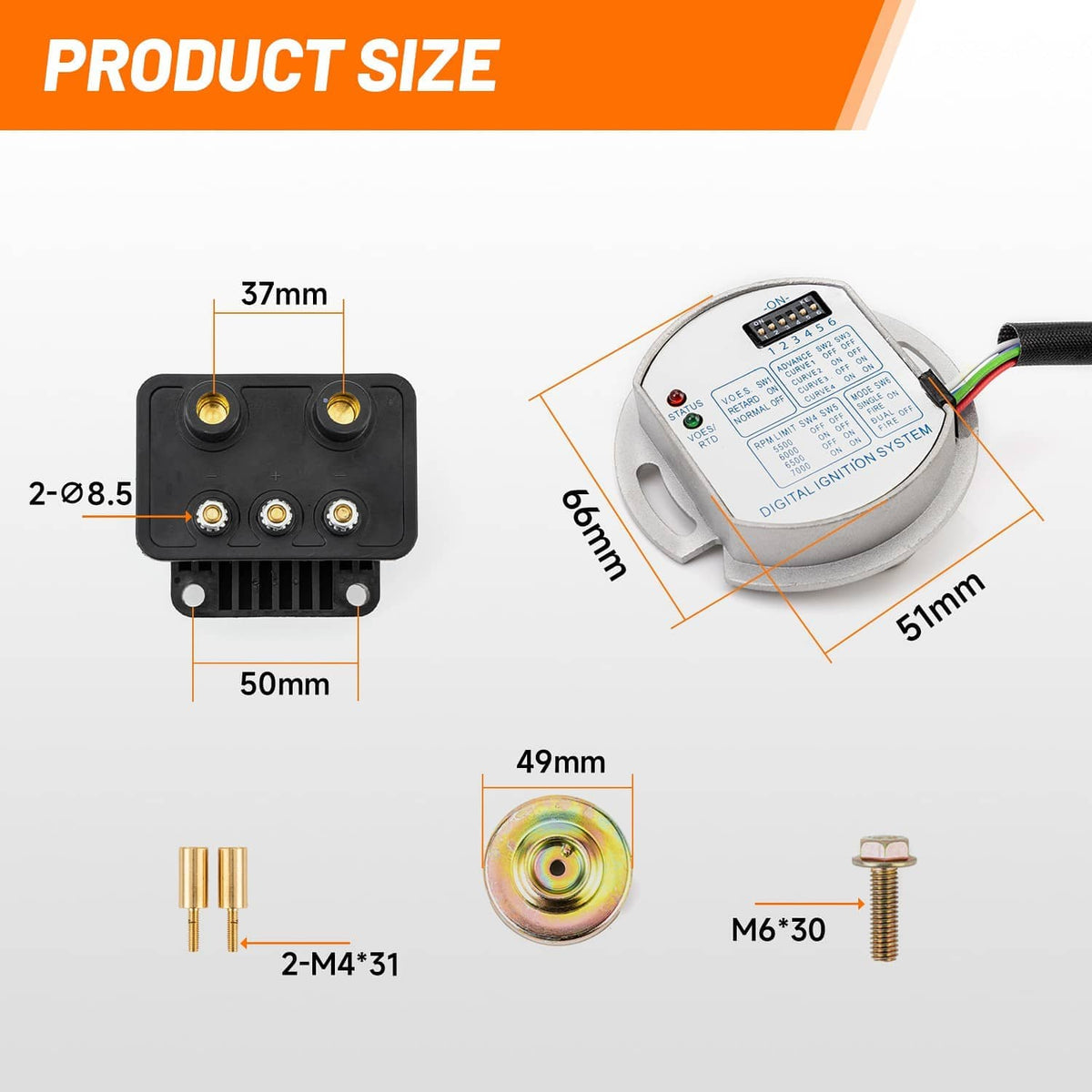 Ignition coil kit size chart showing control module, rotor, and mounting hardware dimensions