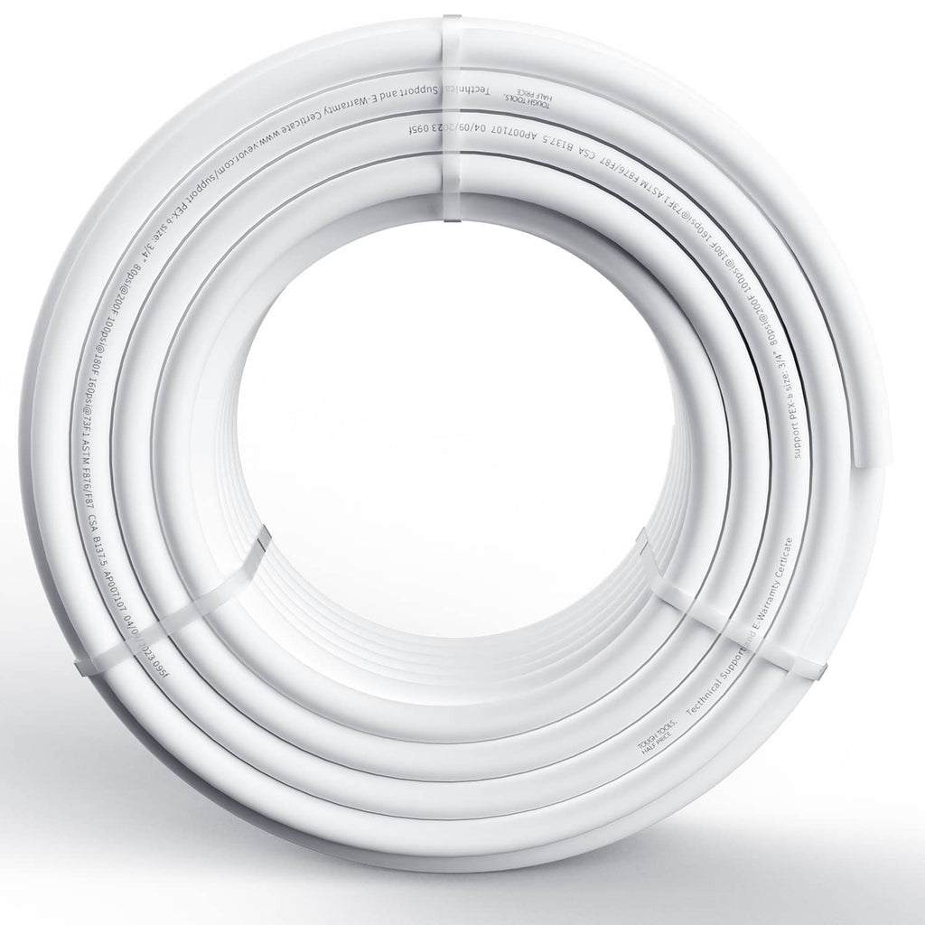 White PEX-B tubing coil with printed markings along the outer loop