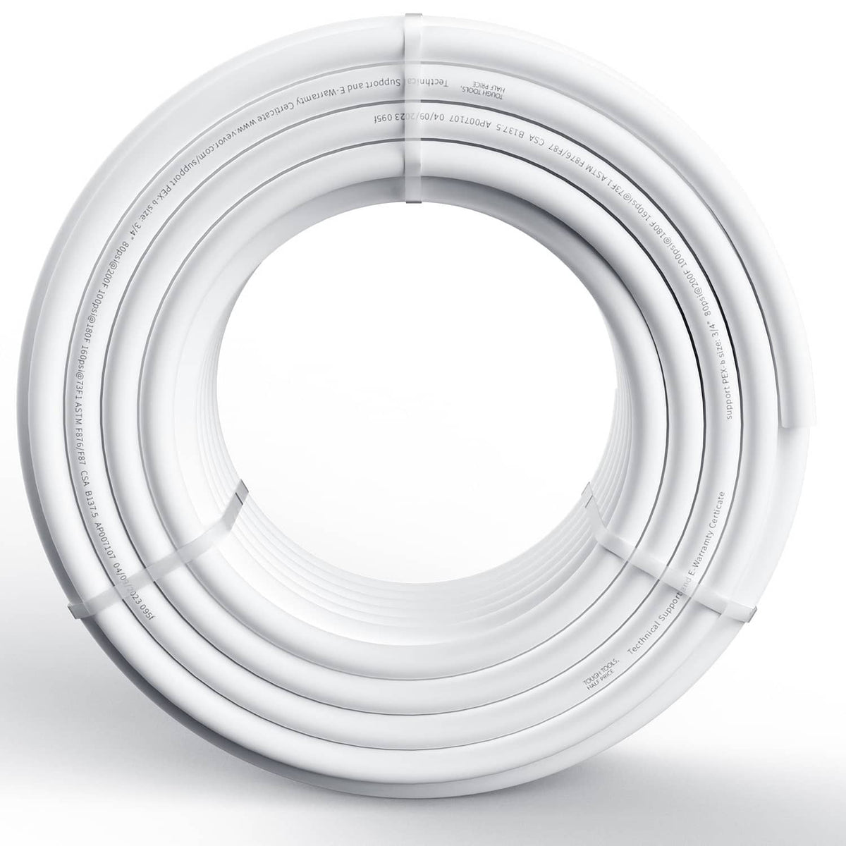 White PEX-B tubing coil with printed markings along the outer loop