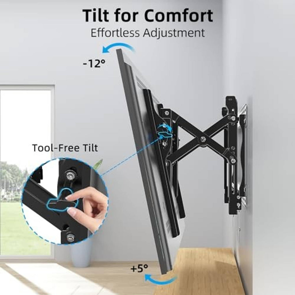 Tilt TV wall mount with black metal arms, designed for effortless -12° adjustment