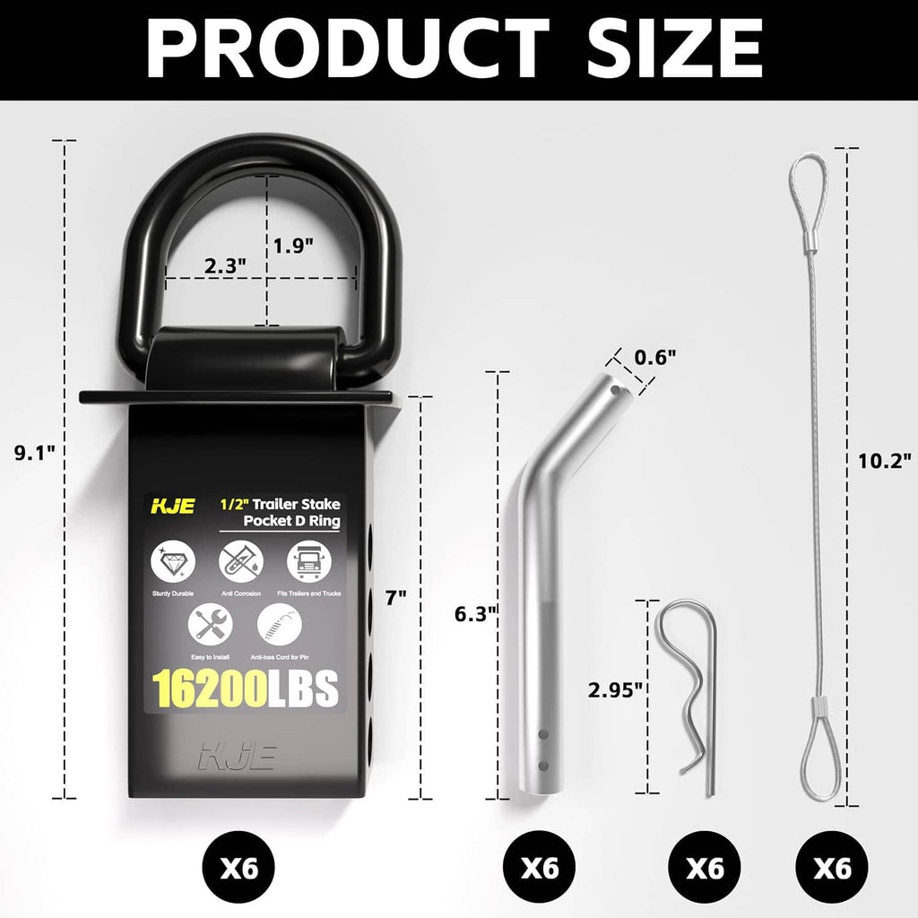 Black 1/2 in D-ring stake pocket anchor size diagram with pin and cord
