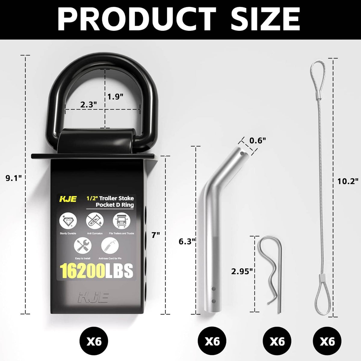 Black 1/2 in D-ring stake pocket anchor size diagram with pin and cord