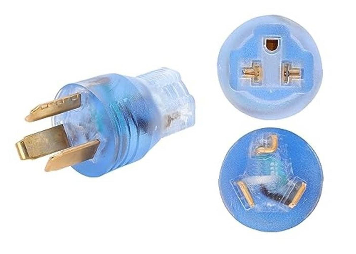 Compact 3-prong 240V male plug with prongs and blue receptacle connector views