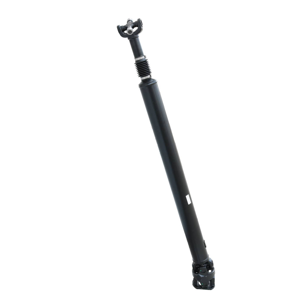 Rear prop drive shaft: black driveshaft with U-joint end caps, angled view