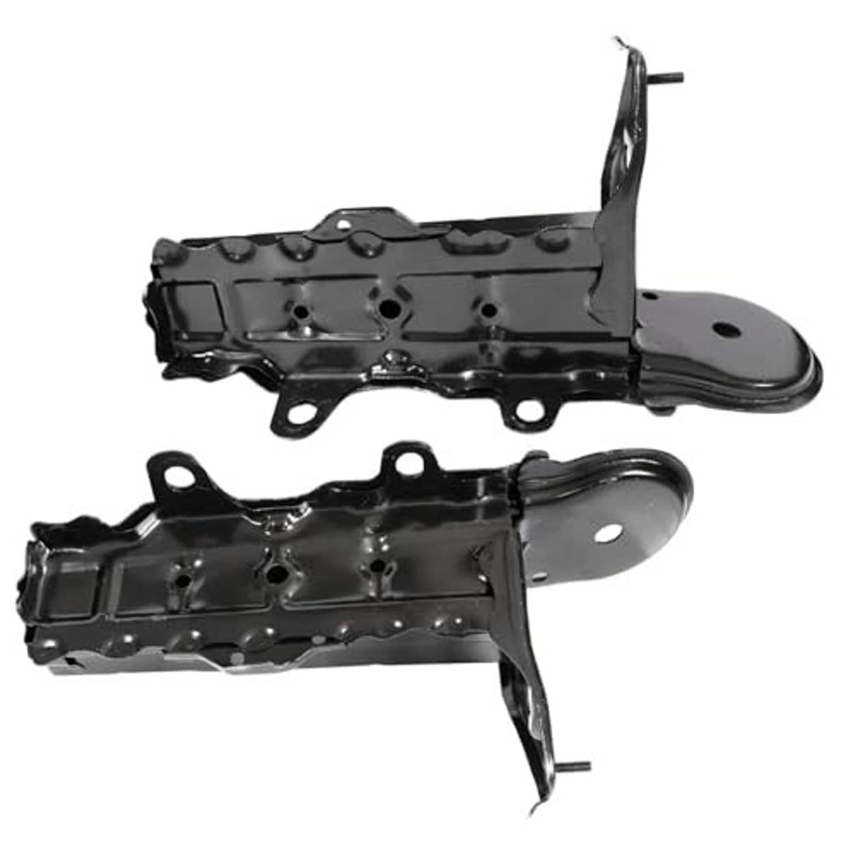 Set of two black front bumper brackets with curved end plates and bolt openings