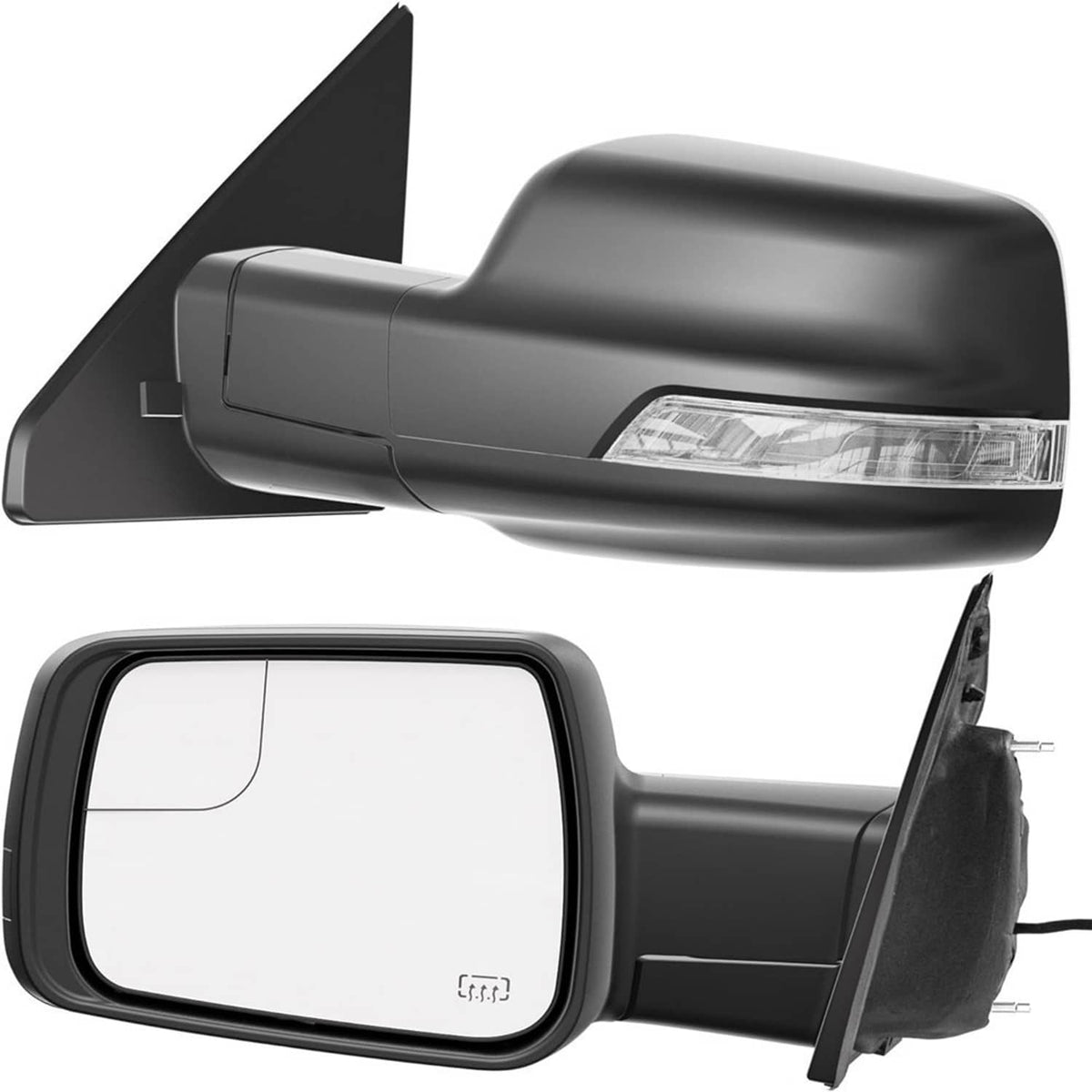 Pair of black side mirrors with clear turn signal strip and glass window