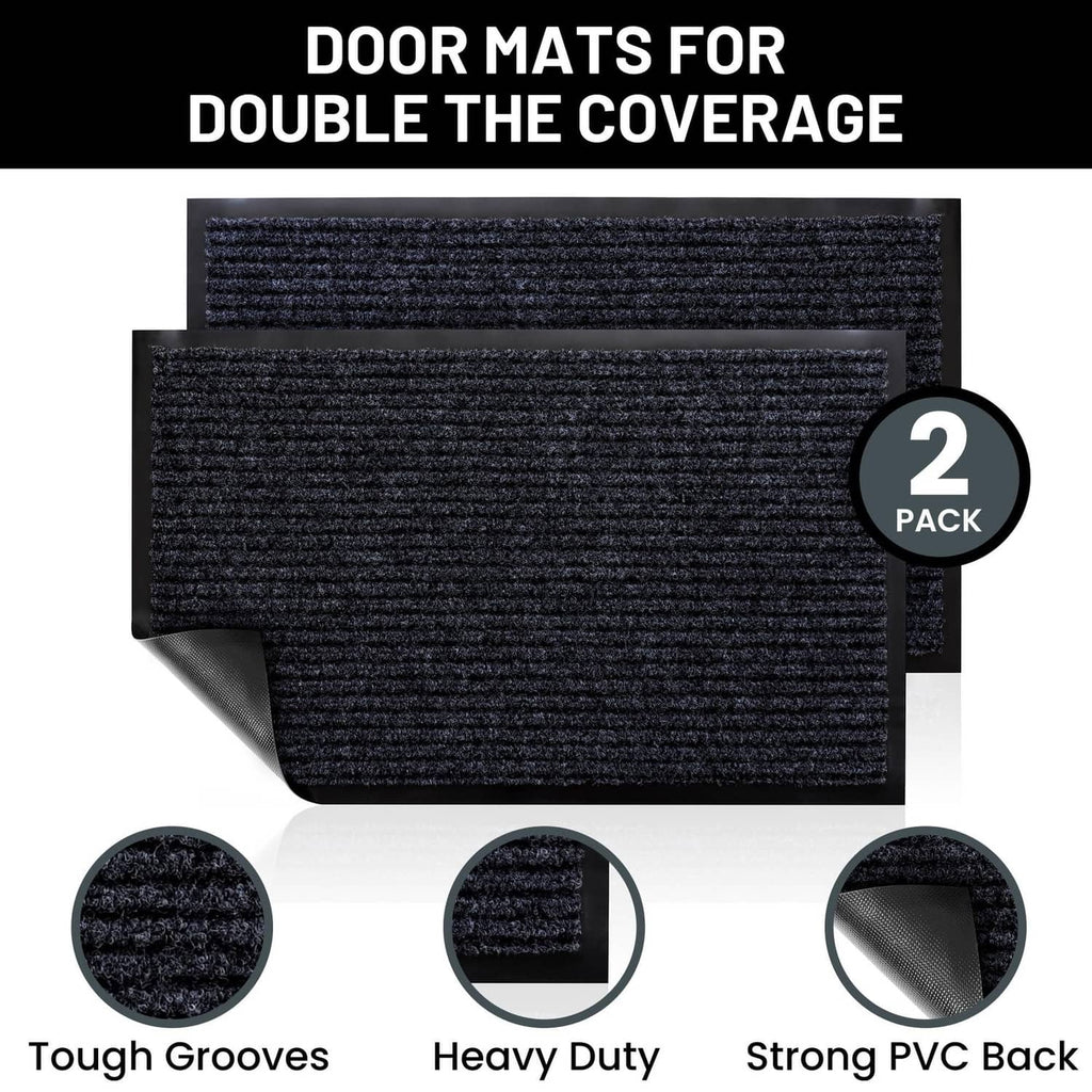 2-pack steel gray door mats with textured grooves and strong PVC back for entryways