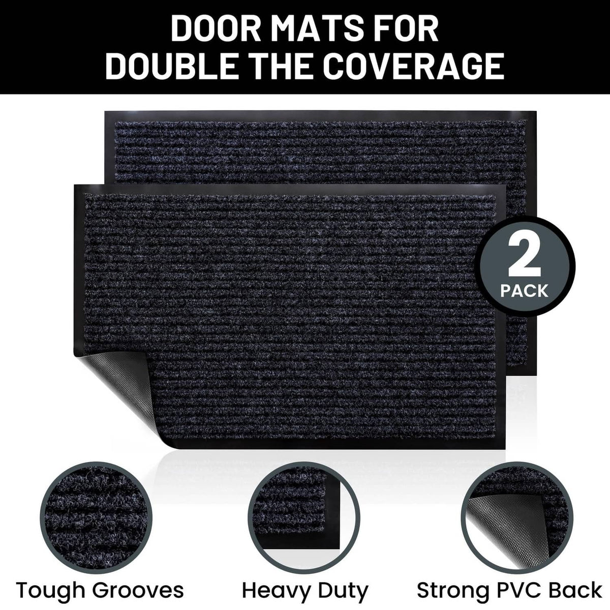 2-pack steel gray door mats with textured grooves and strong PVC back for entryways