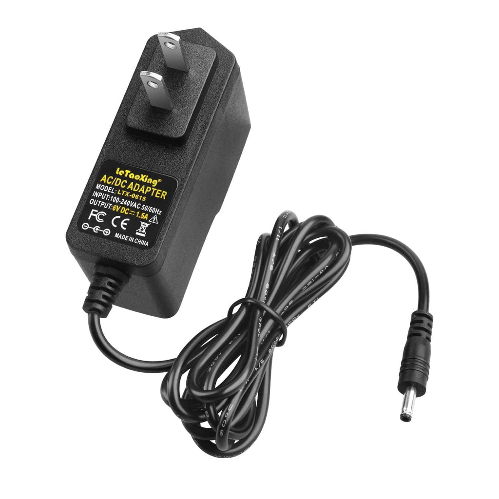 Black AC to DC adapter with two-prong plug and attached cord with 3.5mm barrel connector