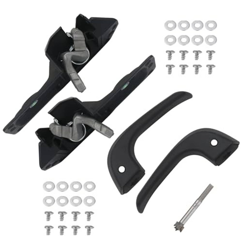 Black interior door handle repair kit with lever handles, latch mechanism parts, screws, rod