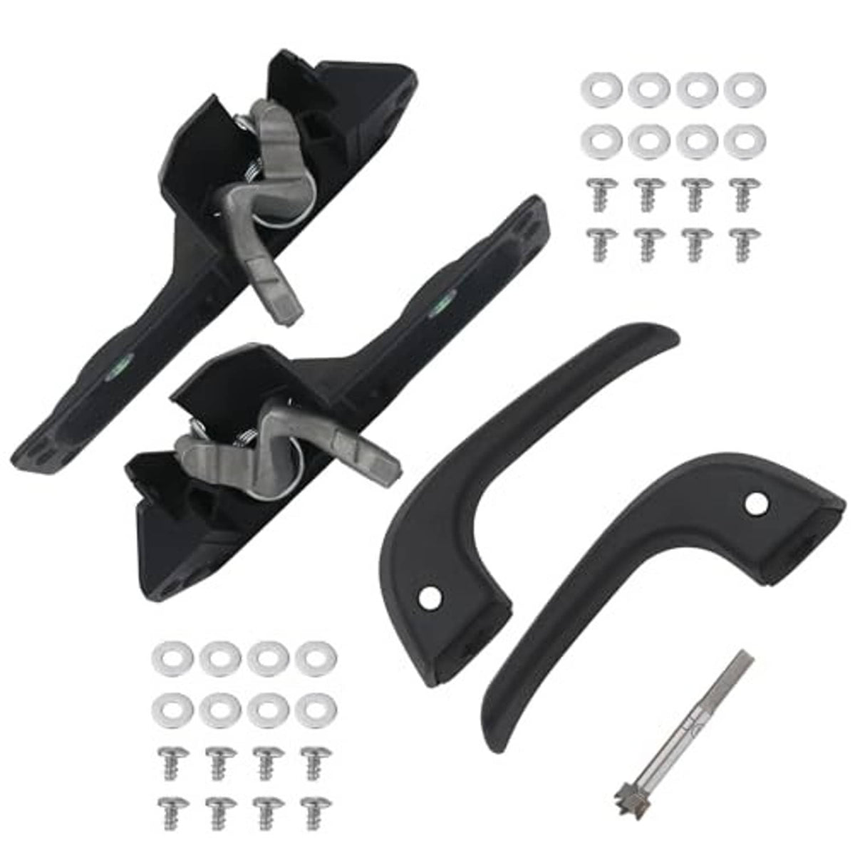 Black interior door handle repair kit with lever handles, latch mechanism parts, screws, rod