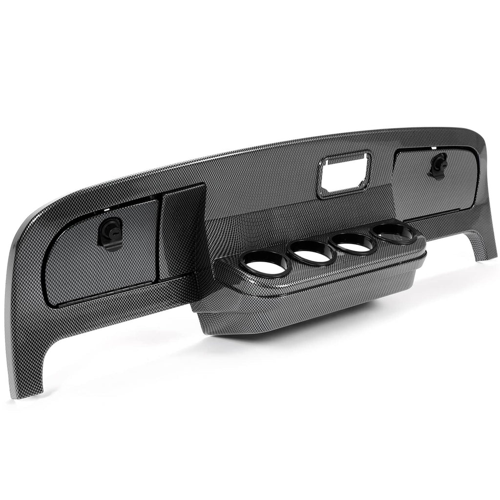 Dark gray carbon-fiber dash cover with instrument openings and mounting bracket