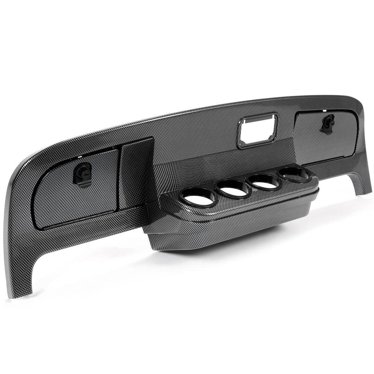 Dark gray carbon-fiber dash cover with instrument openings and mounting bracket
