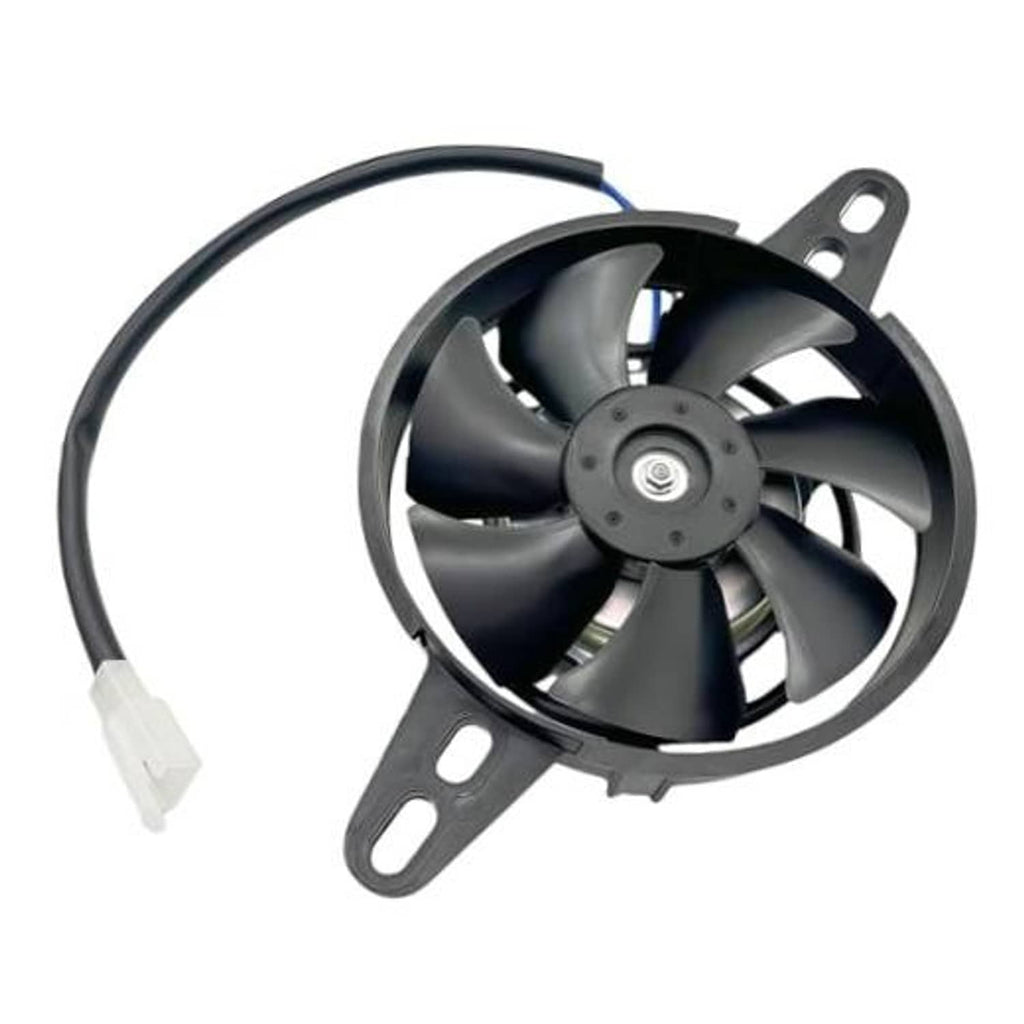 4-inch 12V DC radiator cooling fan with black blades and mounting bracket, blue wire.