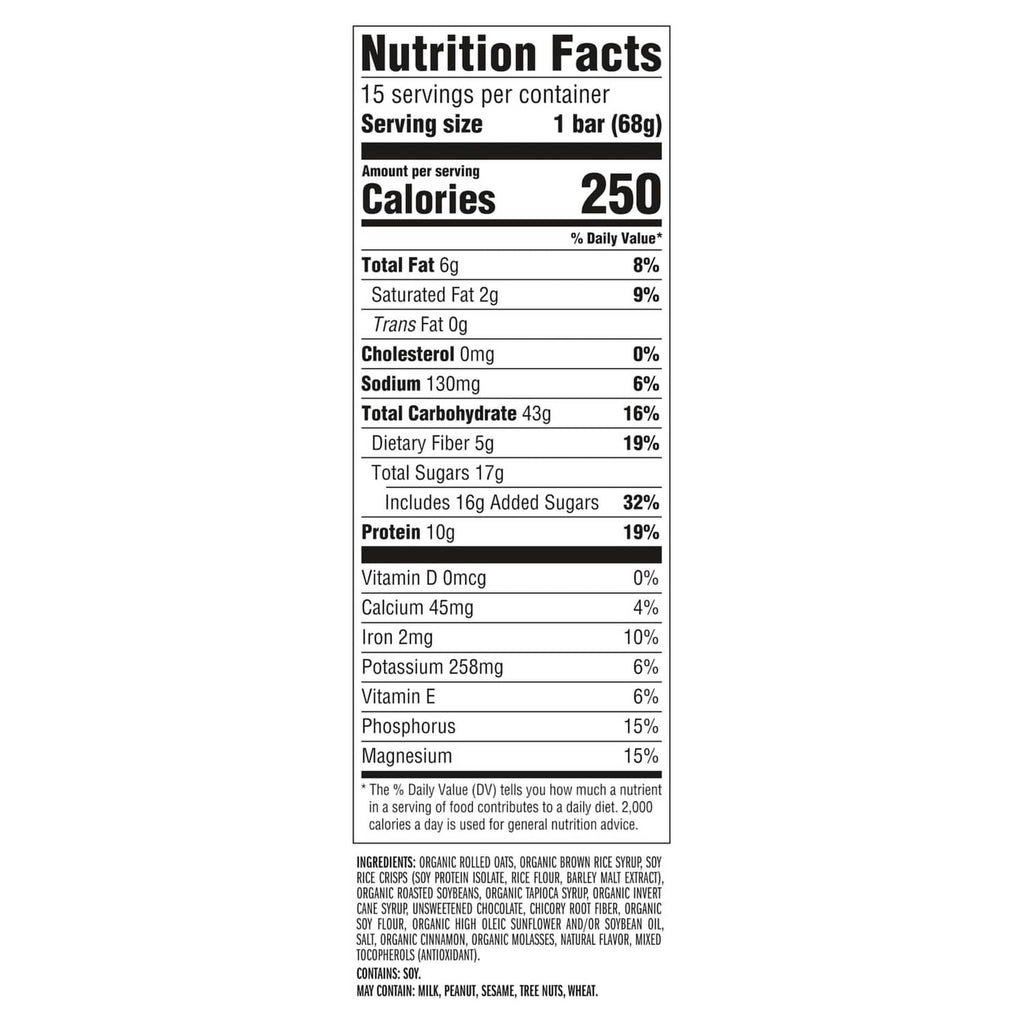 Nutrition Facts panel for chocolate chip energy bar, 15 servings per container