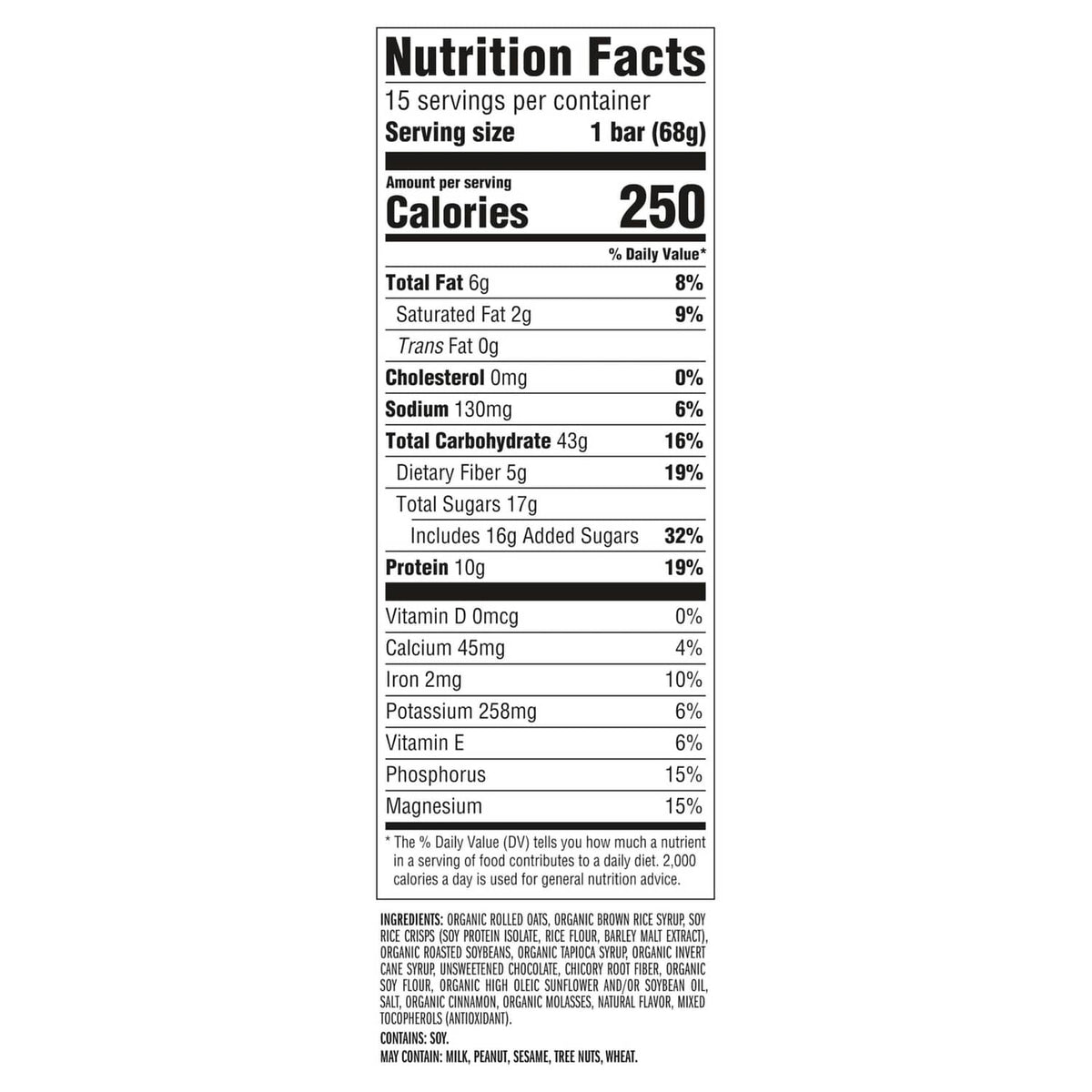 Nutrition Facts panel for chocolate chip energy bar, 15 servings per container