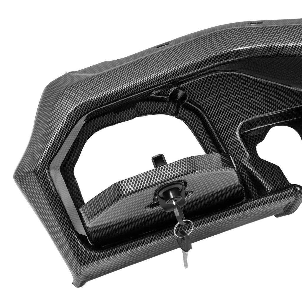 Carbon fiber style dash cover for Yamaha Drive2 golf cart, with keyed lock